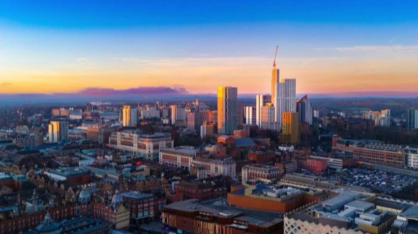 Leeds city skyline at sunset, representing West Yorkshire