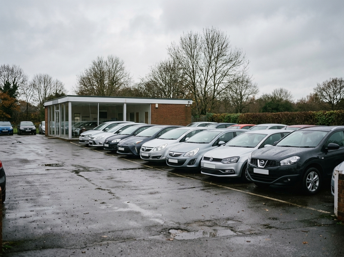 A row of used cars on a British dealer forecourt