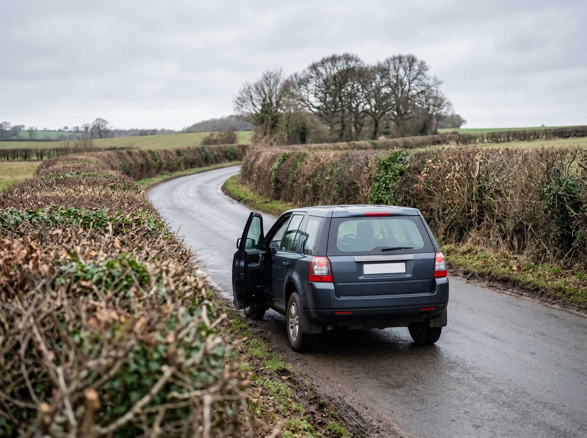 A used SUV on a quiet British country lane