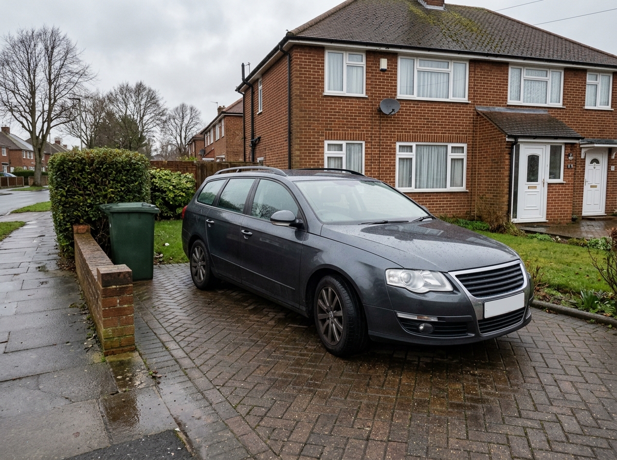 A used estate car on a block-paved driveway outside a British home