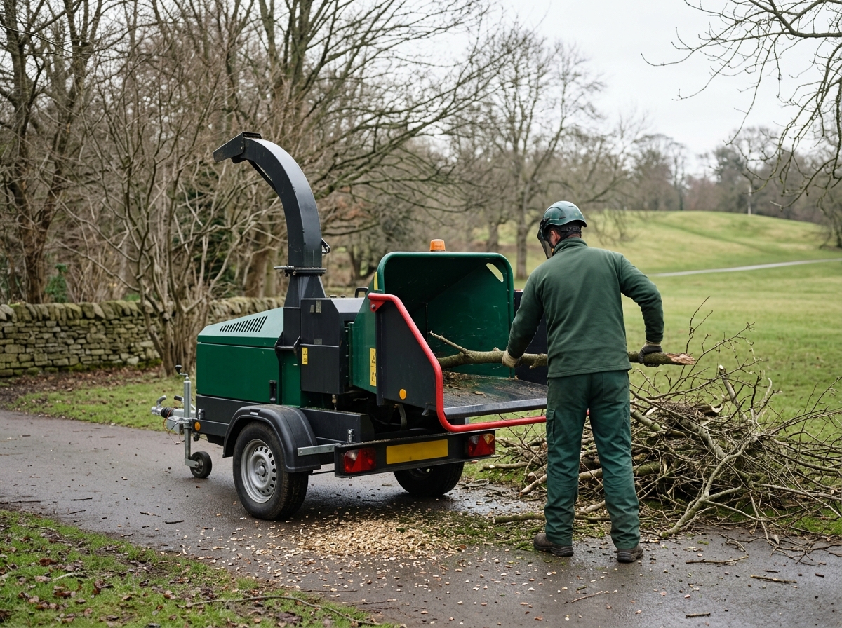 A trailer-mounted wood chipper being fed by an arborist