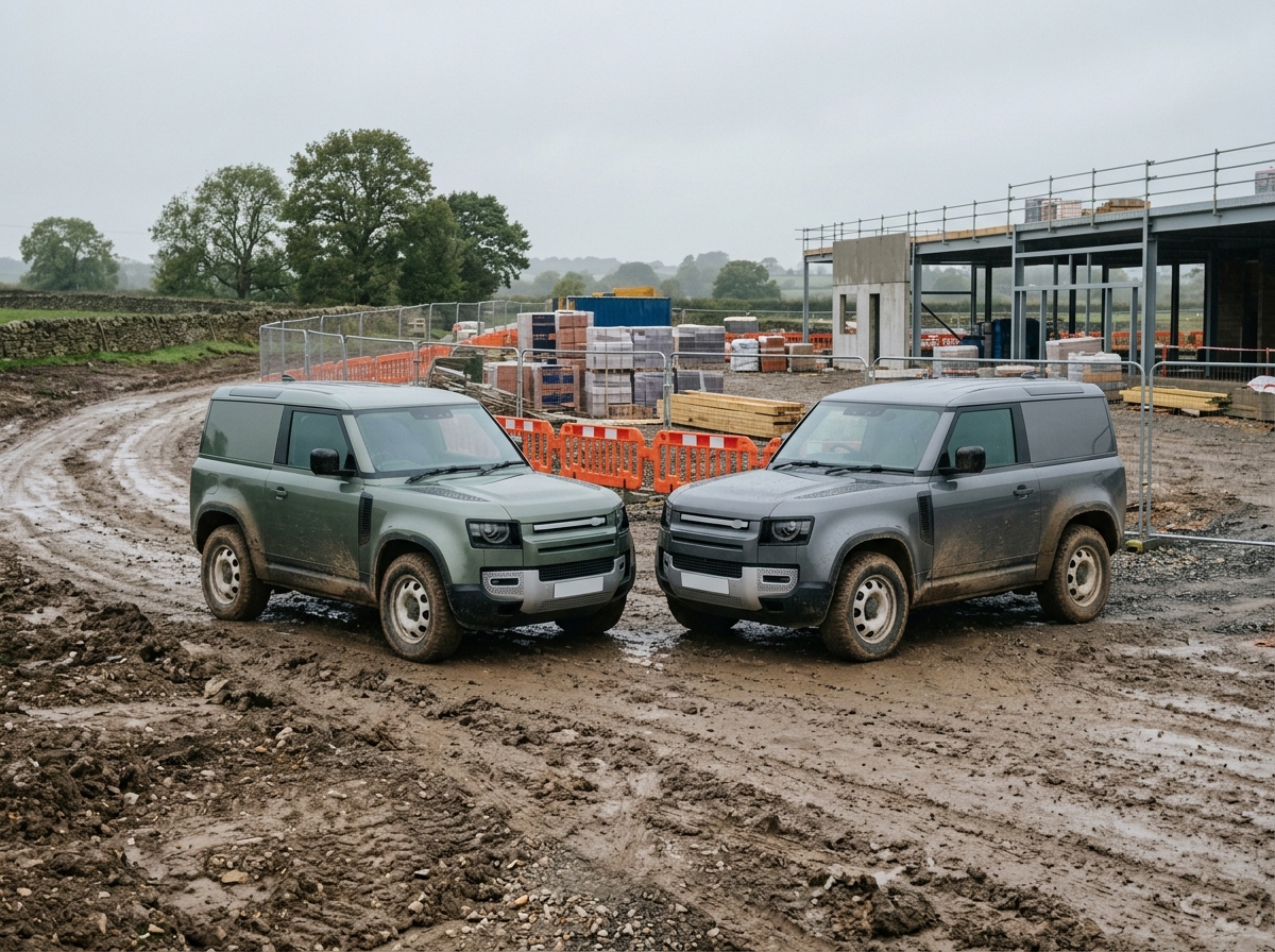 Two Land Rover Defender hard tops on a muddy construction site