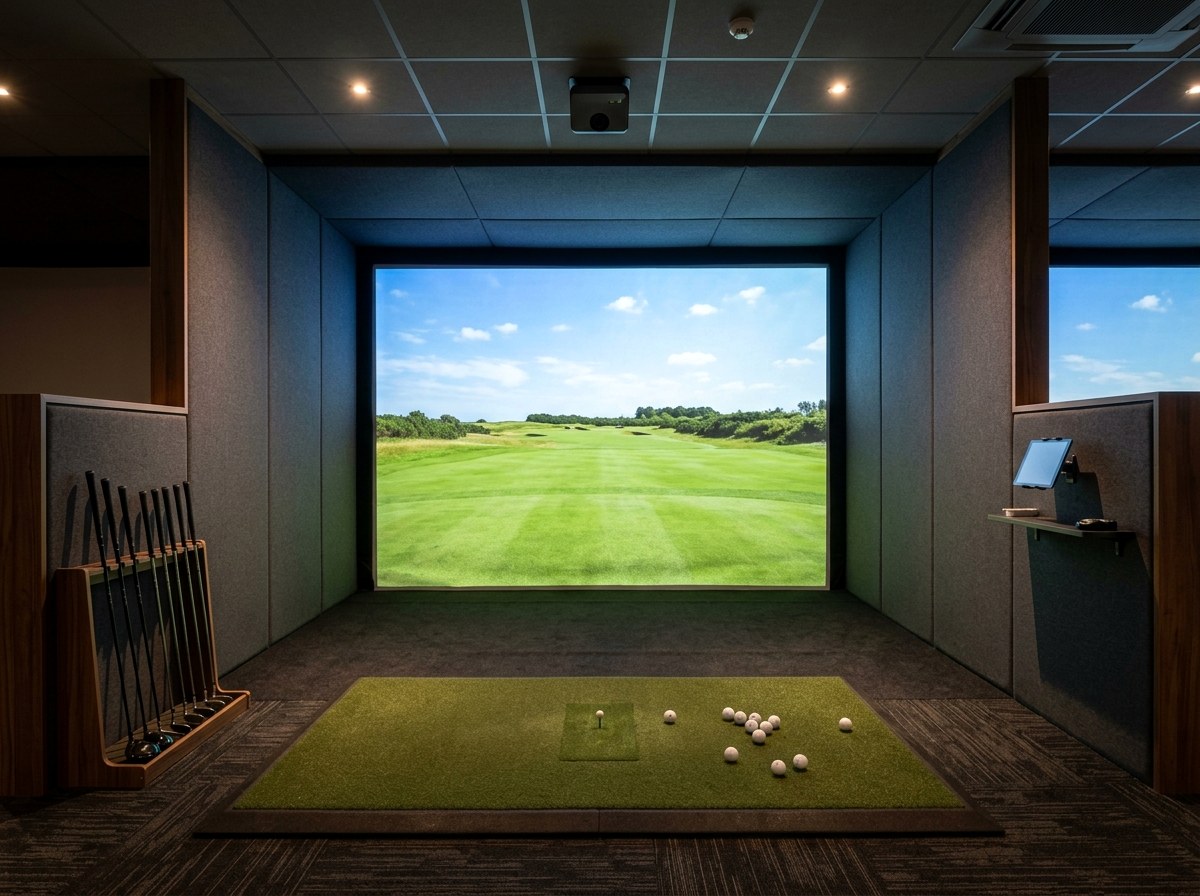 A commercial indoor golf simulator bay with a projection screen and hitting mat