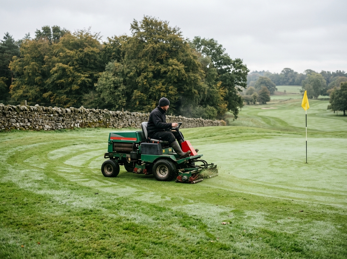A greenkeeper driving a cylinder mower beside a putting green