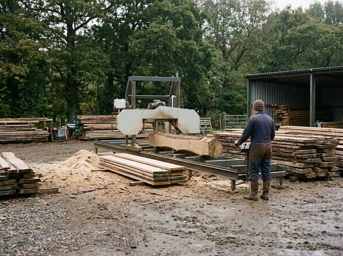 A portable band sawmill cutting a log into boards