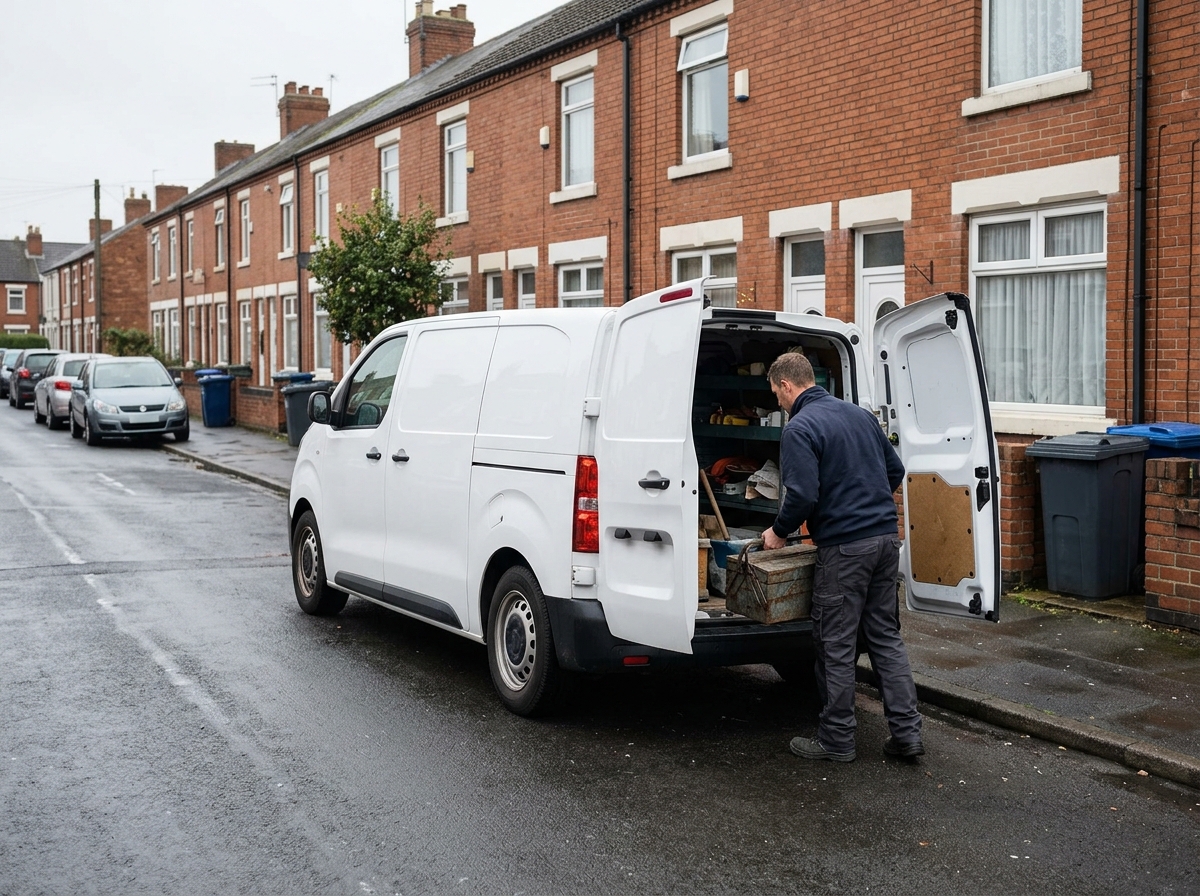 A tradesman lifting a toolbox from the back of a work van
