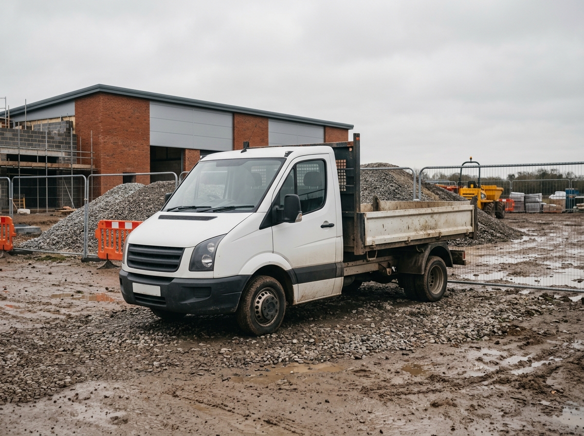 A white tipper truck on a groundworks site
