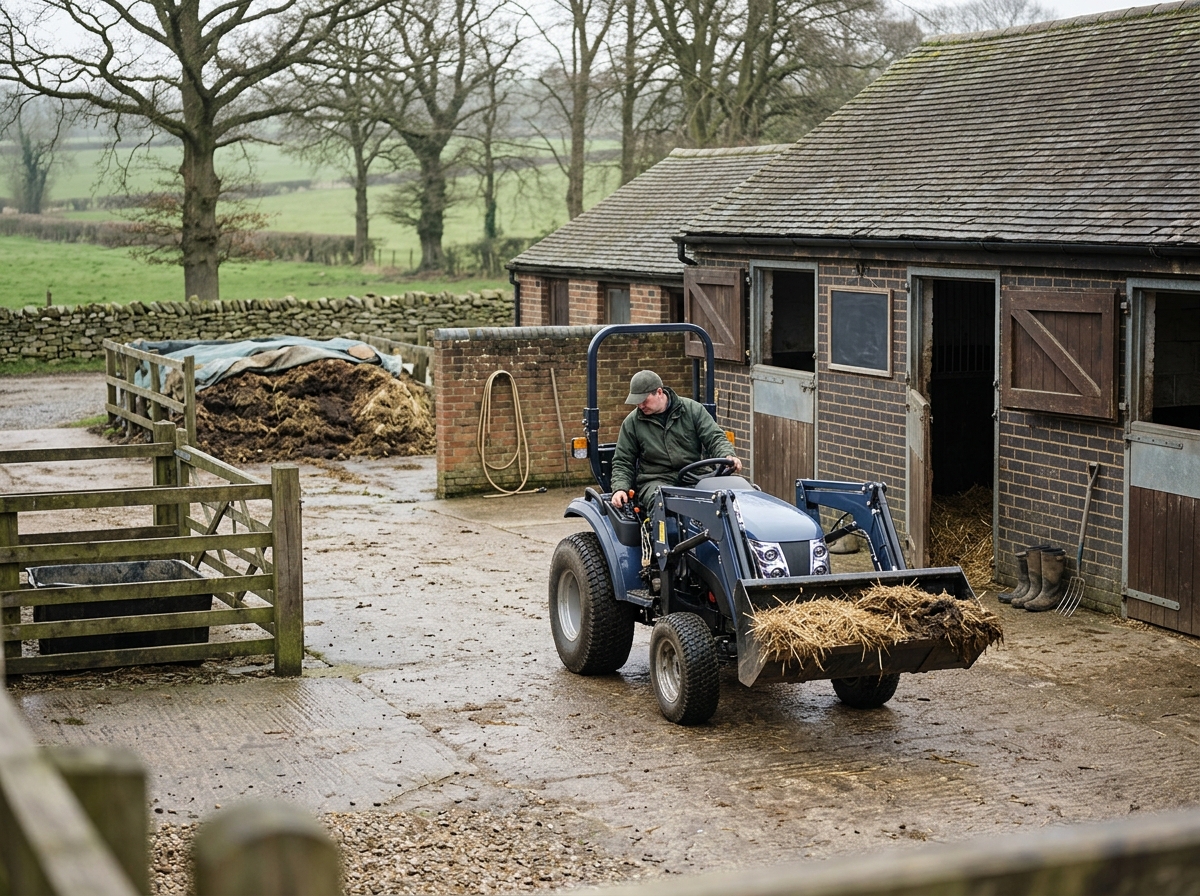 A compact tractor with a front loader working on a stable yard