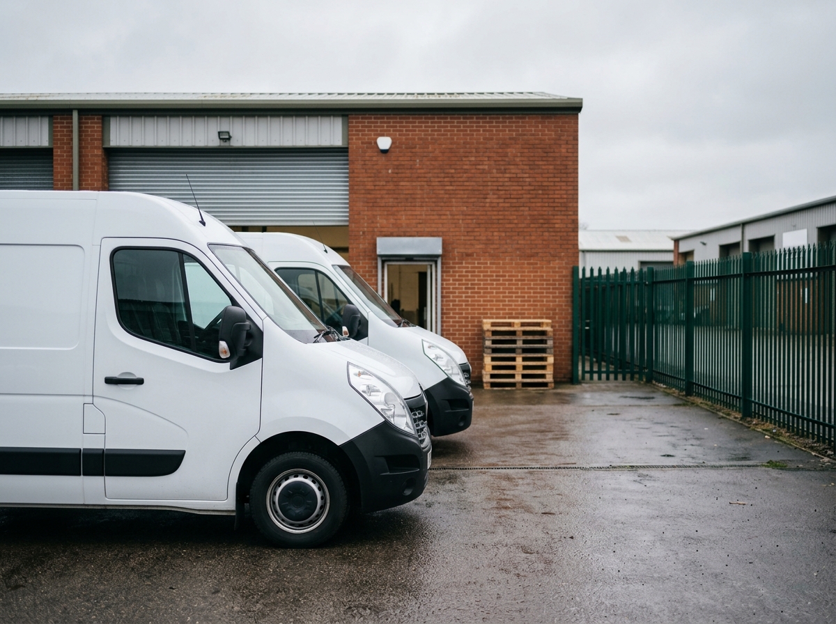 Two new white panel vans outside an industrial unit